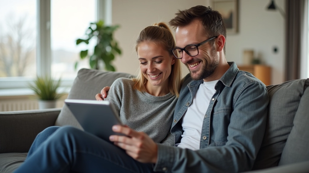 Familie schaut auf Hochwassergefährdungskarte auf Tablet-Computer mit Gebietsmarkierungen