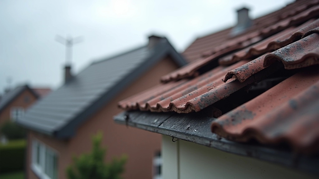 Beschädigtes Dach nach Sturmschaden mit heruntergefallenen Dachziegeln