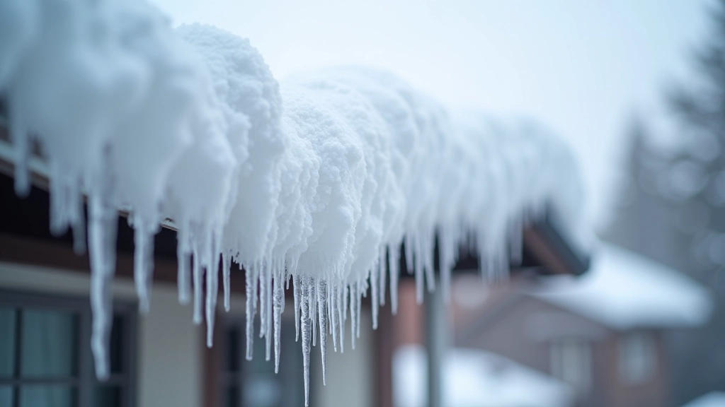 Schneelast auf Hausdach nach Schneesturm im Winter mit Eiszapfen