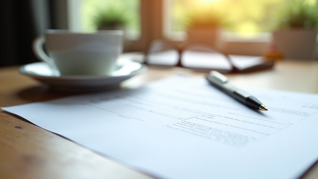 Versicherungsvertrag mit Stift auf Schreibtisch neben Kaffeetasse und Brille